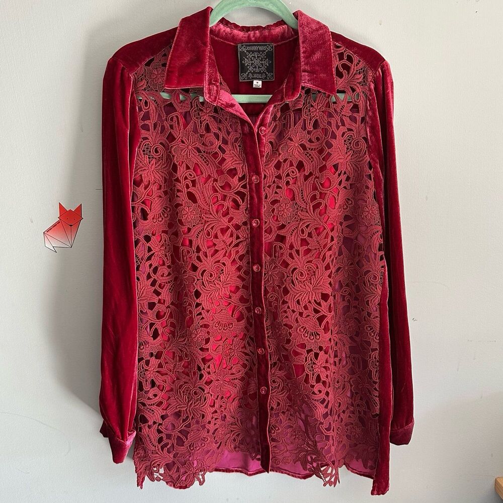 Johnny Was Jade Fuschia Pink Velvet & Contrast Crochet Lace Button Down Blouse